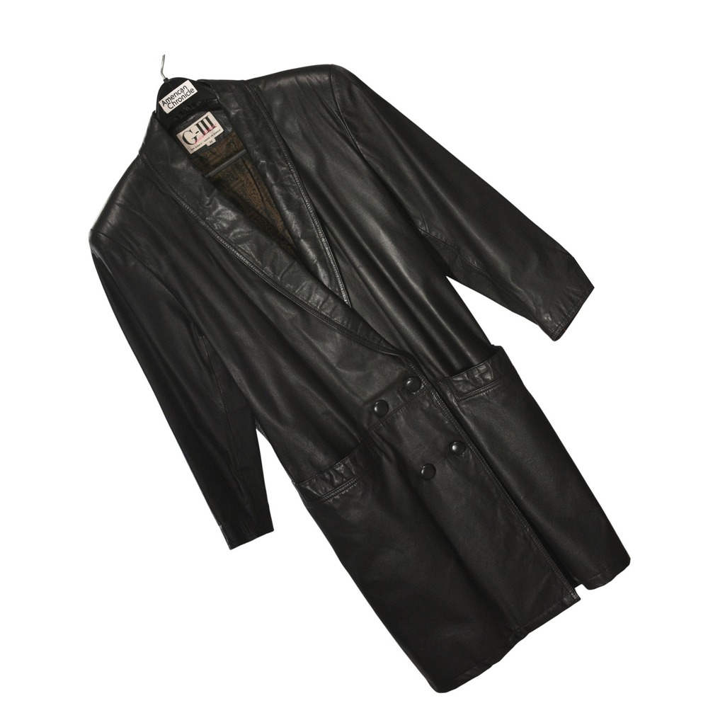 G III Leather Coat Womens M Black Double Breasted Long Vintage 90s Button Front - Picture 4 of 9